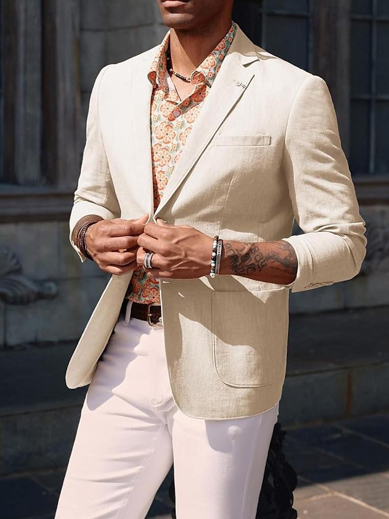 Herre Lin Blazer Jakke Sportjakke Mote Uformell Sommer Enfarget Mørk Blå Beige Lys Blå Tilpasset Passform Enkeltknapp To-knapper 2025 - $78.99 –P6