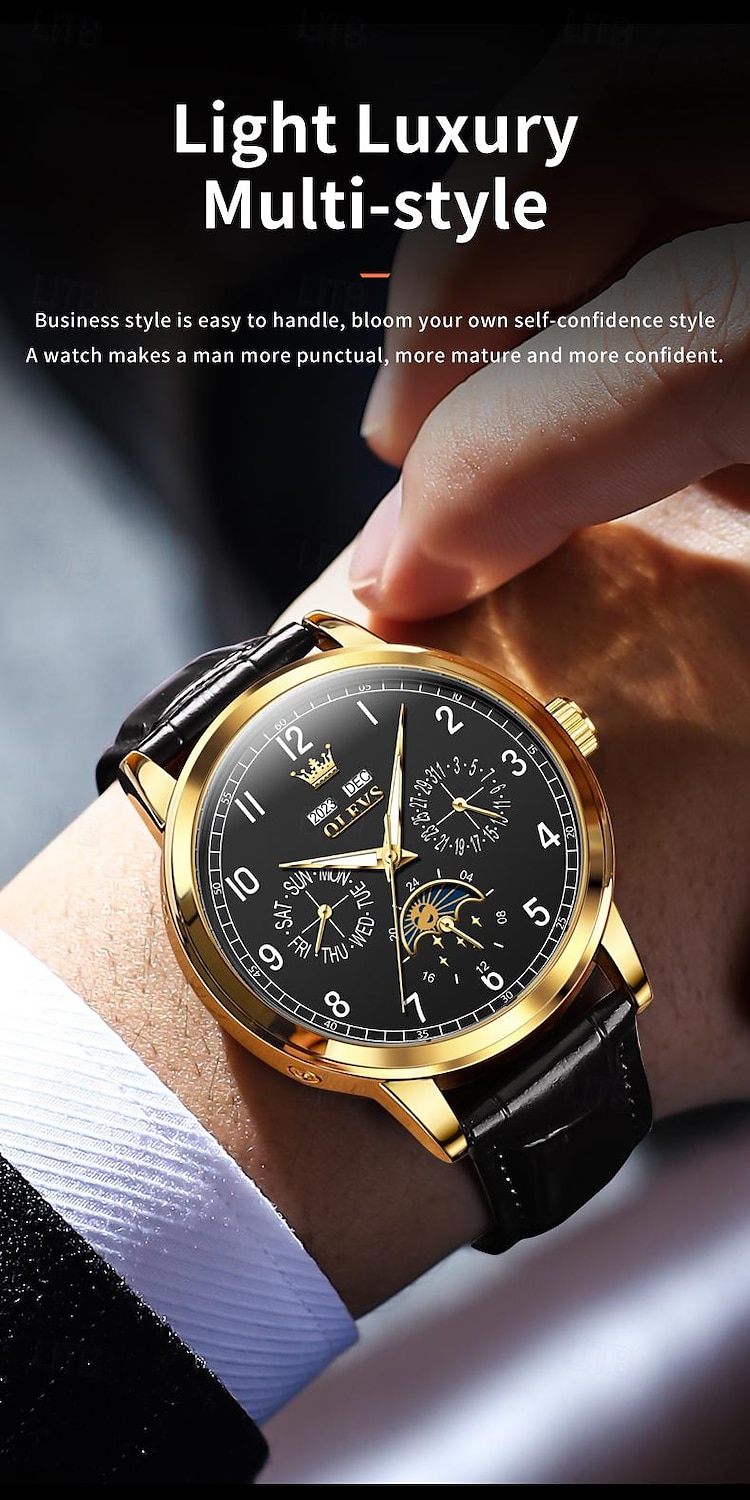 OLEVS Men Mechanical Watch Fashion Business Wristwatch Automatic Self-winding Moon phase Luminous Perpetual Calendar Leather Watch 2025 - $111.99 –P8