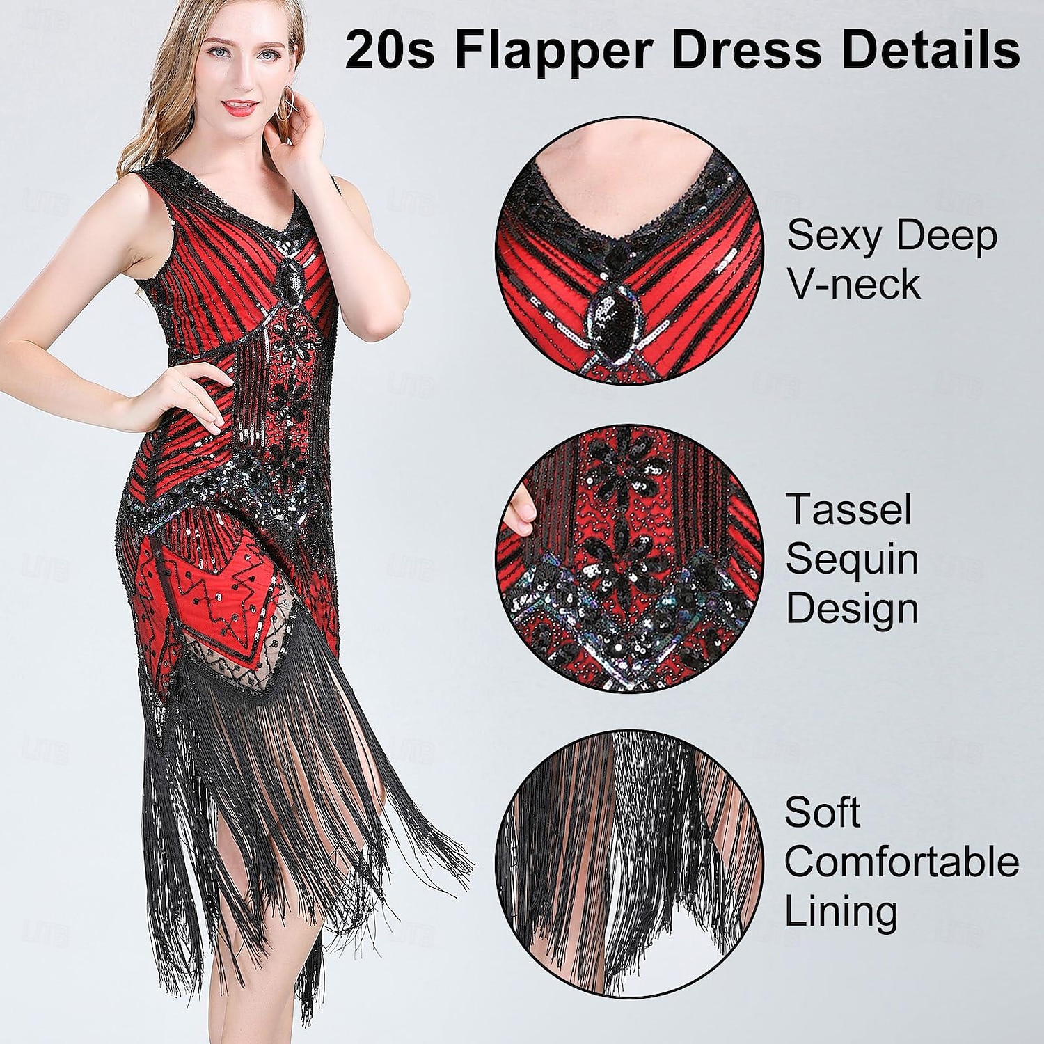 Set Anni Ruggenti Anni 1920 Lunghezza al ginocchio Vestito Abito Flapper Abiti con accessori Senza maniche Il grande Gatsby Charleston Invitato al matrimonio Paillettes Frangia con nappe Piuma Scollo del 2026 a $77.99 –P11