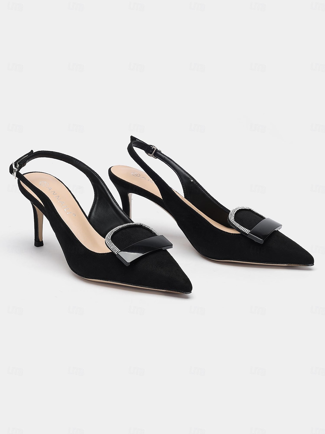 női fekete hegyes orrú slingback sarkú cipő dekoratív csattal - elegáns magassarkú pumpák irodai és esti rendezvényekre 2025 - $59.99 –P1