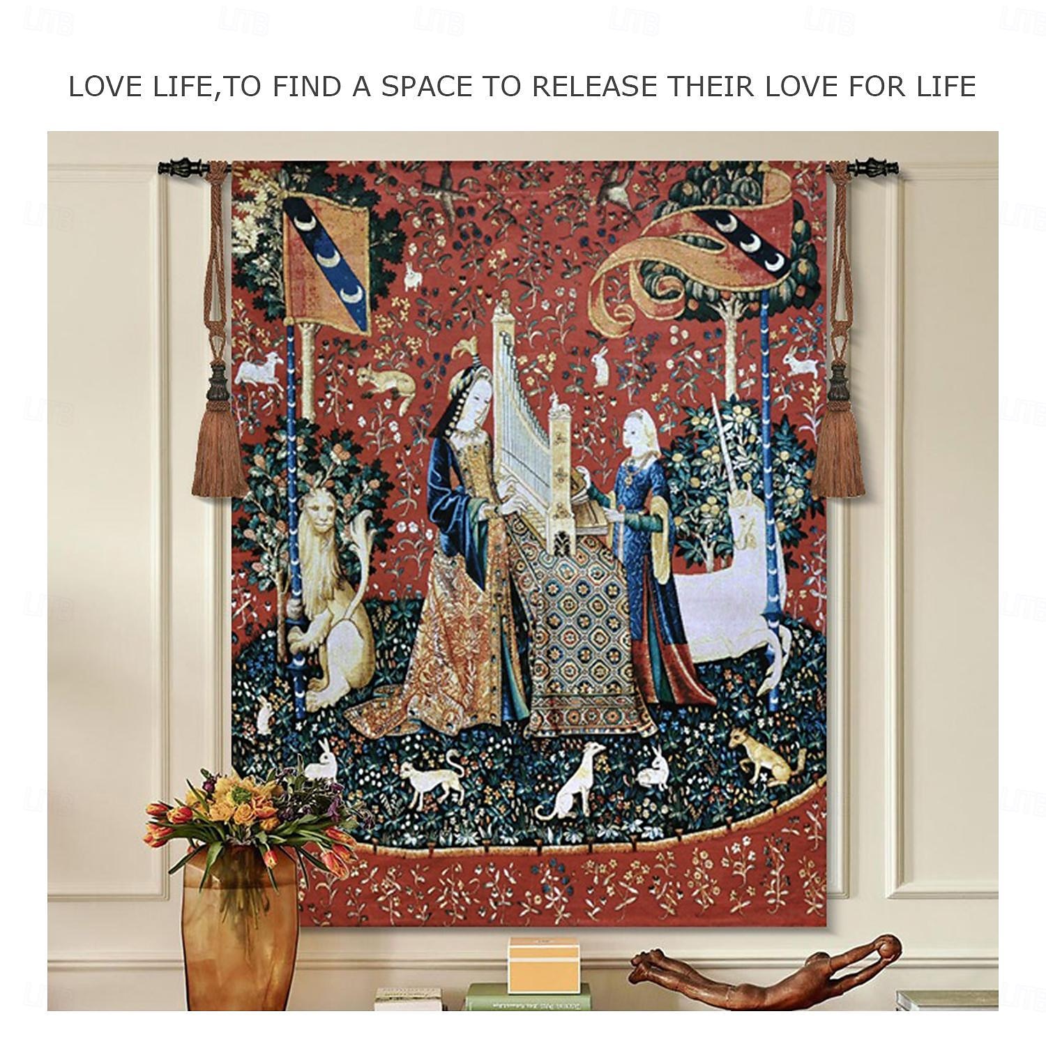 Jacquard Woven Medieval Tapestry Gobelin Aubusson The Lady and The Unicorn Loom Cotton Weave Wall Art Hanging Larger Tapestry Historic Middle Ages Tapestry Reproduction (without tassels and rod) 2025 - $91.99 –P8