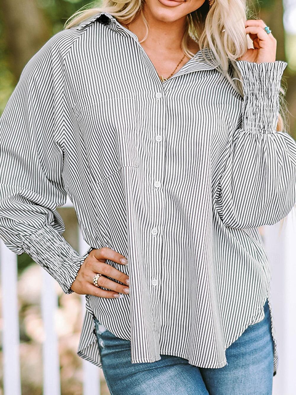dames overhemd blouse casual gestreept knopen zak lange mouw normale tops overhemd kraag dagelijks zwart blauw lente& val 2025 - $39.99 –P3