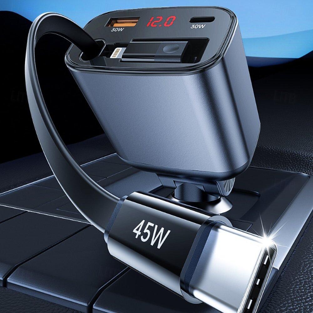 einziehbarer Autoladeadapter mit Typ-C-Kabel Lightning 2 USB-Anschlüsse Autoadapter mit Spannungsanzeige PD 45 W 2025 - $38.99 –P5