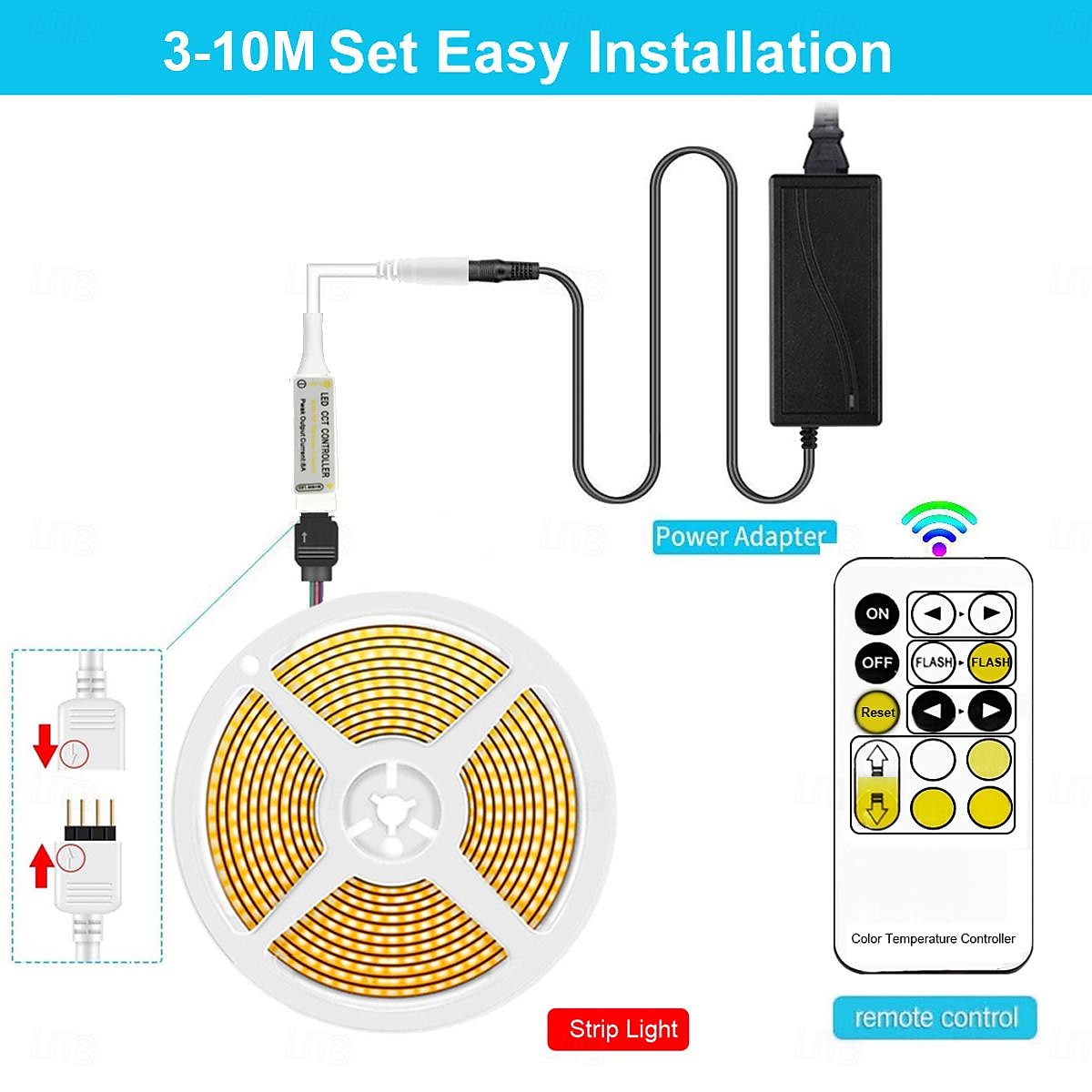 COB LED Strip Light White CCT 608LED/M Ultra Bright 10-33 ft Dimmable 2700K-6500K 24V LED Strip with RF Controller and Power Supply Suitable for DIY Lighting of Cabinets Bedrooms Kitchens Mirrors 2025 - $37.31 –P6