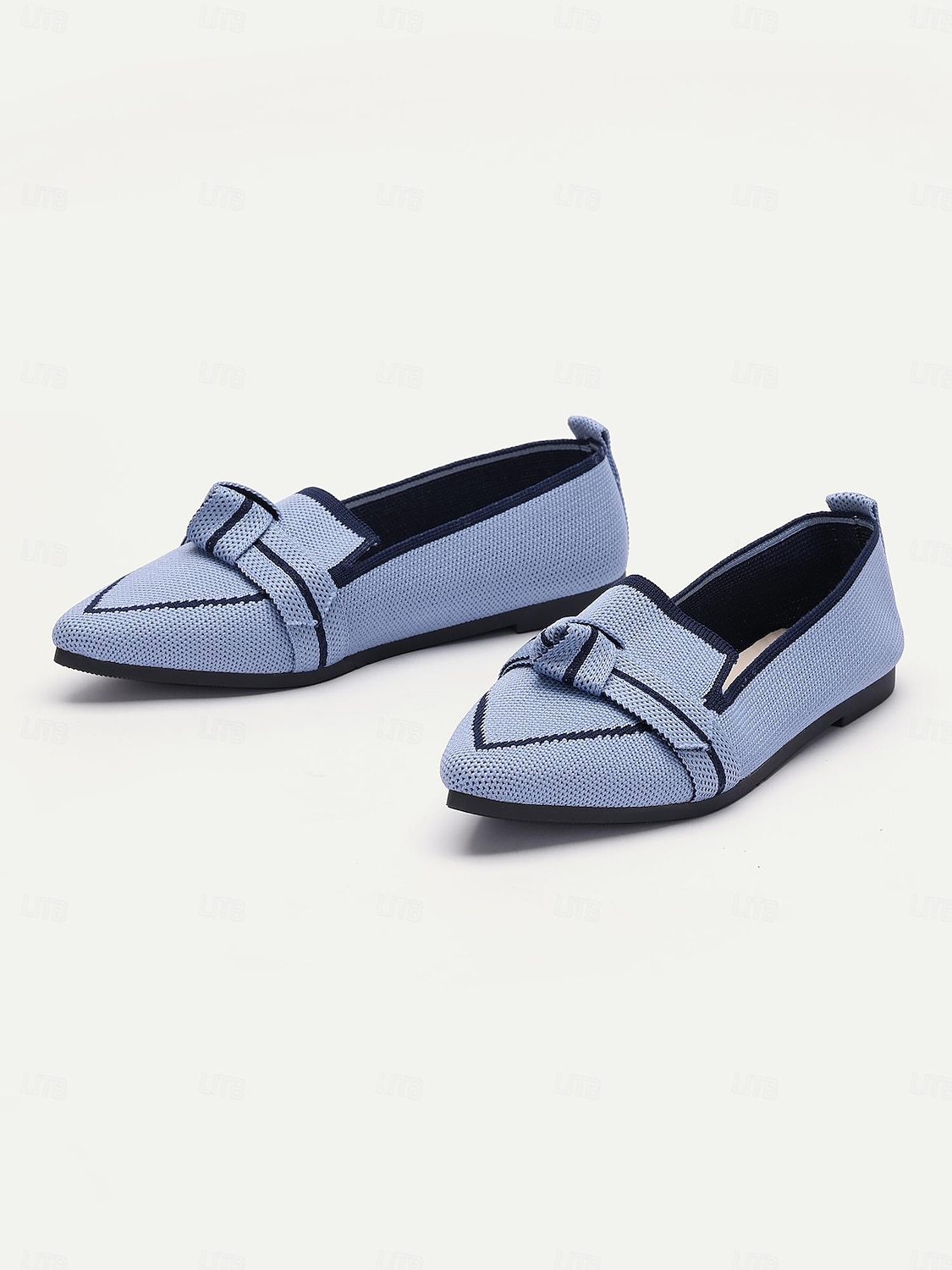 kvinners blå strikkede, spisse tåflater med sløyfe – komfortable slip-on loafers for fritidsbruk og hverdagsbruk 2025 - $26.99 –P1