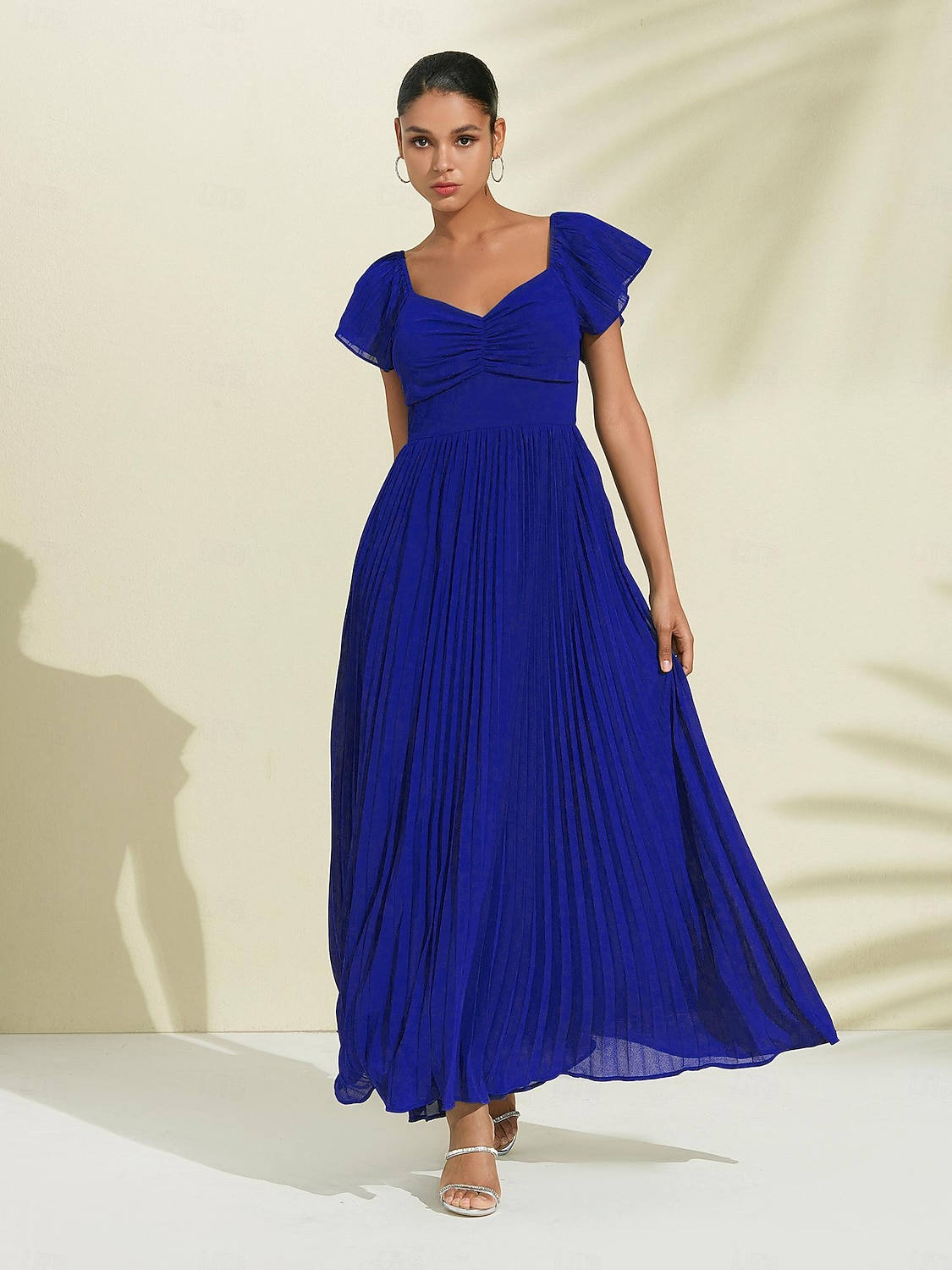 Royal Blue Chiffon Pleated Wedding Guest/Party A Line V Neck Short Sleeve Maxi Dress dress to impress 2024 2026 - $113.99 –P4