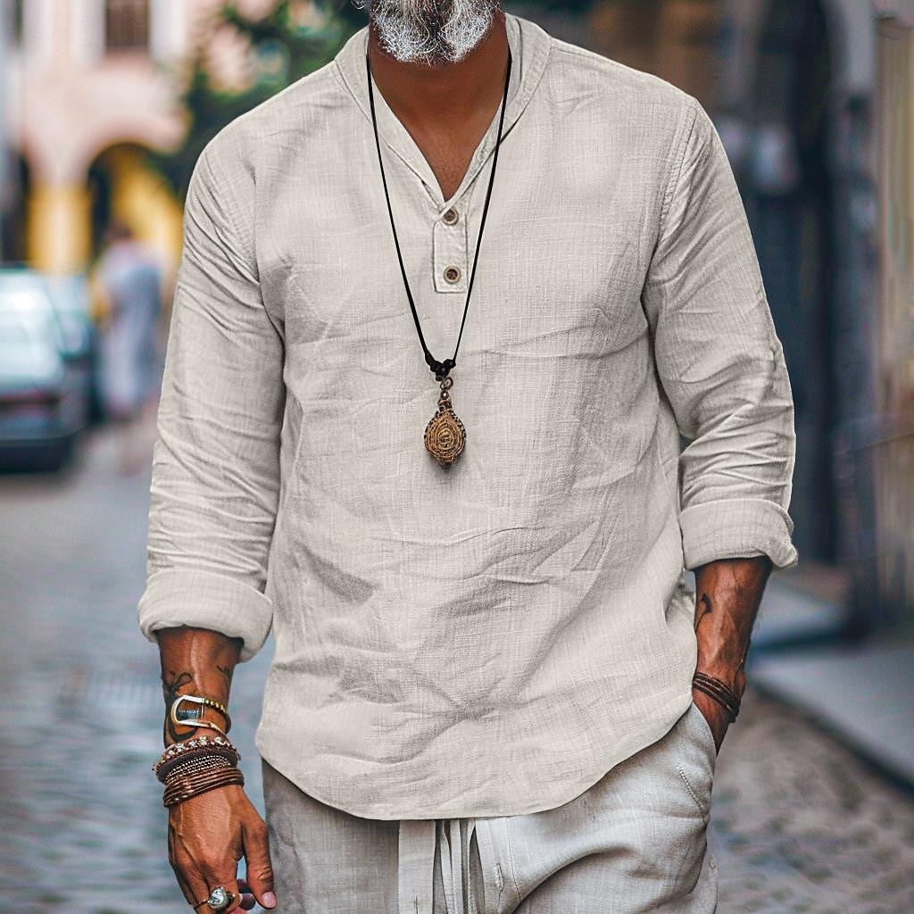 Per uomo Camicia camicia di lino Camicia popover Camicia estiva Camicia da spiaggia Liscio Informale Giornaliero Nero Blu Cachi Manica lunga A fascia Primavera estate Abbigliamento del 2025 a $25.99 –P1
