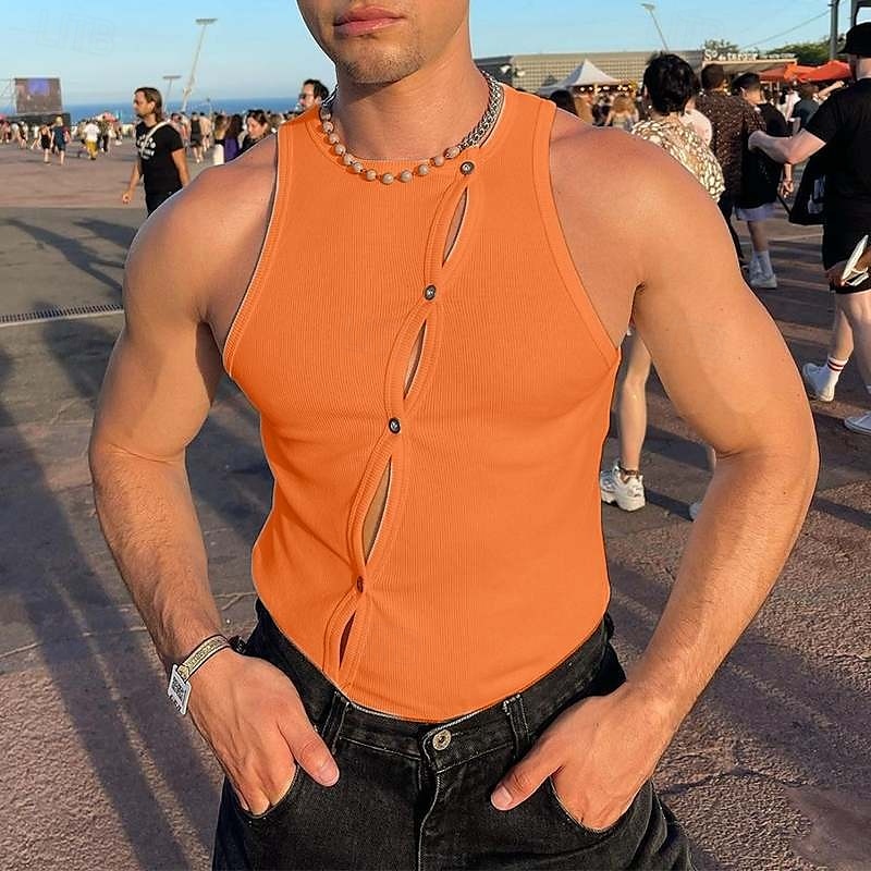 Miesten Hihaton Hihaton paita Lihaspaita Hihaton Tiukka pyöreä kaula-aukko Kesä Väripalikka Pit Strip Muoti Suunnittelija Lihas Koverrettu Napit ulko- Bile Jumppa Musta Valkoinen Oranssi Top T-paita 2026 - $17.99 –P5