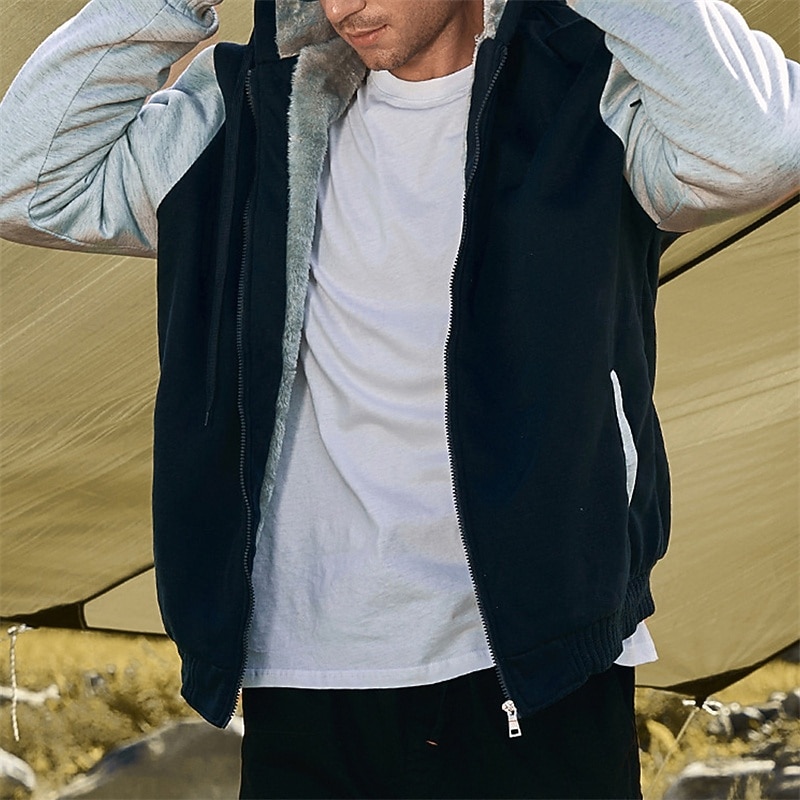 Муж. Толстовка с капюшоном на молнии Балахон на молнии Флисовая жилетка Черный Синий Светло-серый Темно-серый Капюшон Контрастных цветов Застегнуться Пэчворк Карман 2026 - $53.99 –P10