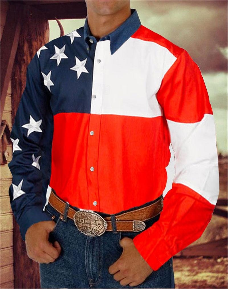 Herren Amerikanische Flagge Westernhemd Knopfhemd Cowboy-Shirt Langarm westlicher Stil Täglich Umlegekragen Hemden mit Kragen 3D-Druck Vordertasche Schwarz Weiß Rote Blau 2025 - $31.24 –P3