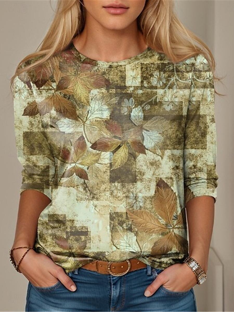 Women's T Shirt Color Block Geometry Fashion Modern Long Sleeve Crew Neck Regular Tops Vacation Daily Print Pink Blue Dark Green Green Spring & Fall 2025 - $28.55 –P4