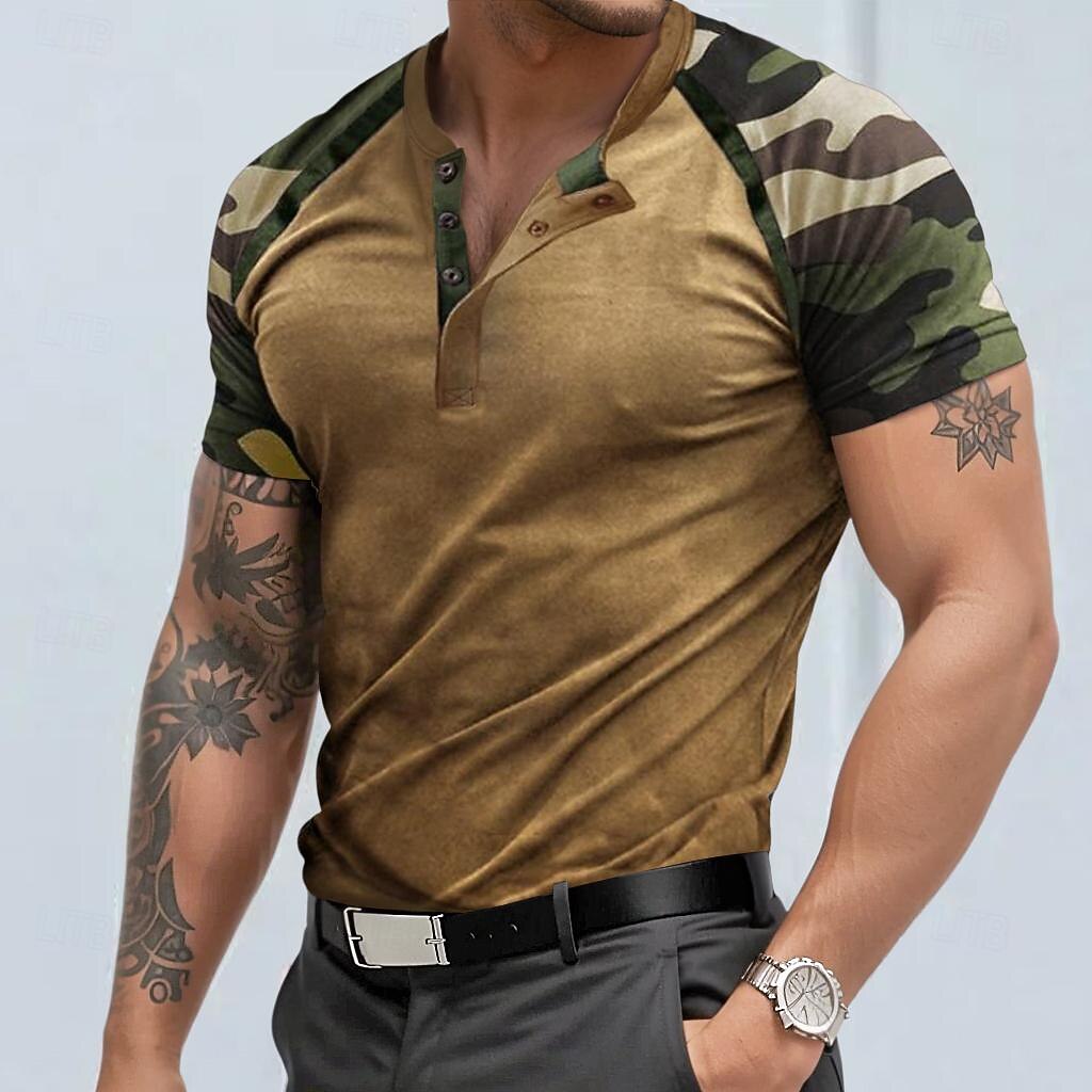 Men's Henley Shirt Tee Top Short Sleeve Color Block Camo / Camouflage Fashion Designer Comfortable Buttons Henley Casual Daily Outdoor Summer Grey Henley T-Shirt 2026 - $21.99 –P1