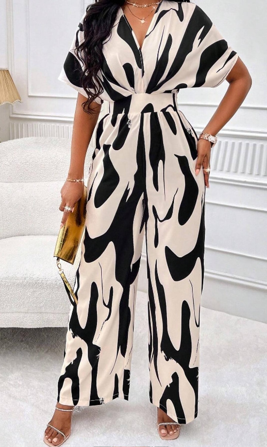 Per donna Normale Tuta Elegante Color Block Manica corta A farfalla A V Stampa Ufficio Giornaliero Standard Bianco Arancione Marrone Estate del 2025 a $31.99 –P5