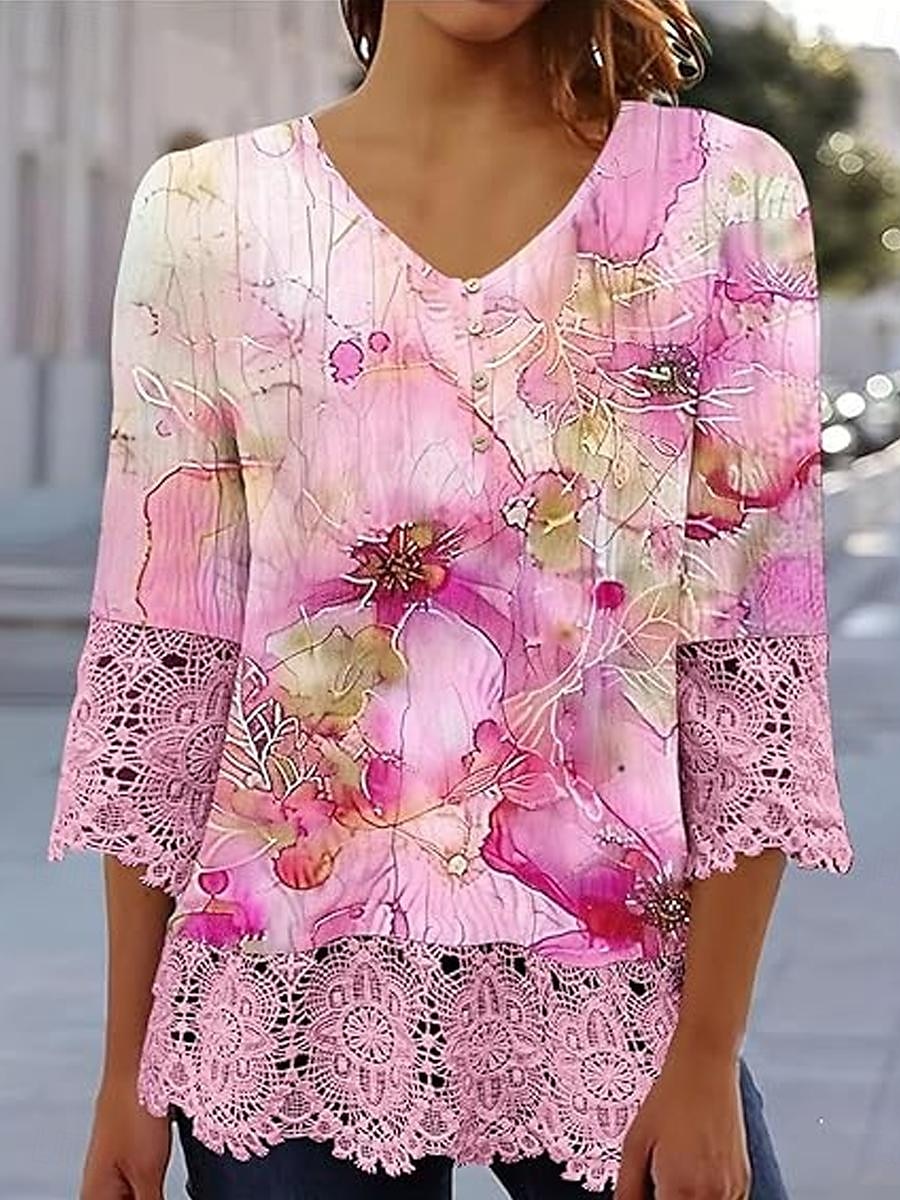 Kvinne Elegant Blonde Topper Eyelet Bluse Avslappet Ombre Blomsterblonde Knapper 3 4 Lengde Erme Reguliære Topper V Hals Daglig Romantisk Petite Topper Sommer Ferie Bruke Svart Rosa Blå Grønn Vår Høst 2025 - $21.99 –P7