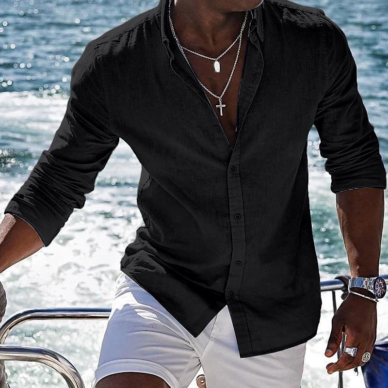 Men's Shirt Linen Shirt Summer Shirt Beach Shirt Plain Vacation Curise Black White Pink Blue Long Sleeve Lapel Spring & Summer Clothing Apparel Basic 2025 - $22.99 –P2
