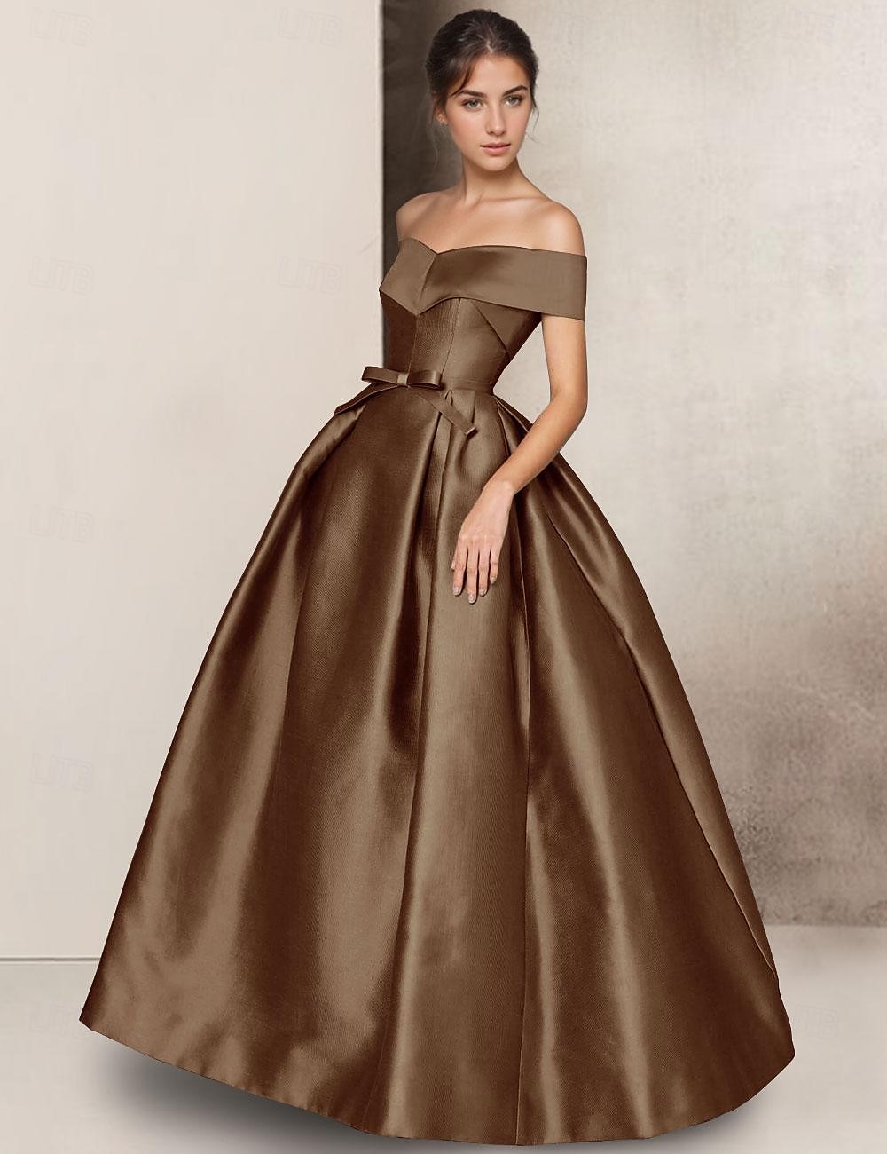 Abito da sera A-Line Abito elegante Abito formale Matrimonio Lunghezza a terra Maniche corte Collo a cuore Satin con fiocco(e) 2025 del 2025 a $162.99 –P4