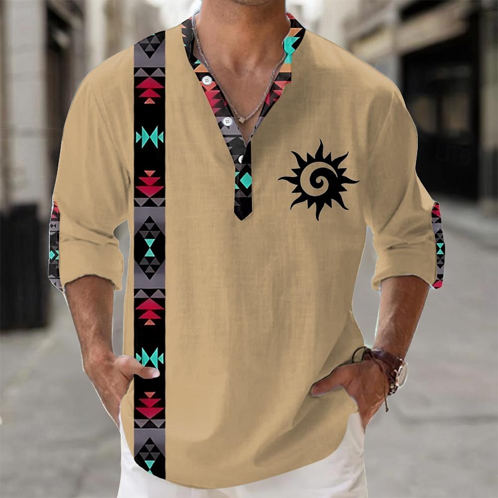 Men's Shirt Button Up Shirt Long Sleeve Tribal Fashion Casual Vacation Causal Casual Summer Spring & Fall Stand Collar Buttons Print White Yellow Blue Gray 2025 - $24.99 –P6
