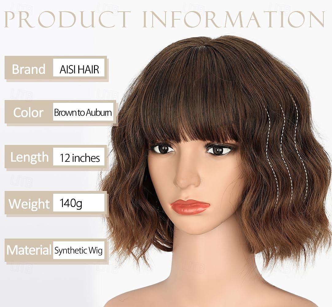 Perruques brunes à auburn avec frange perruque courte ondulée pour femmes perruques synthétiques courtes ondulées bouclées perruques de cheveux en fibres résistantes à la chaleur pour tous les jours de 2025 ? $16.49 –P3