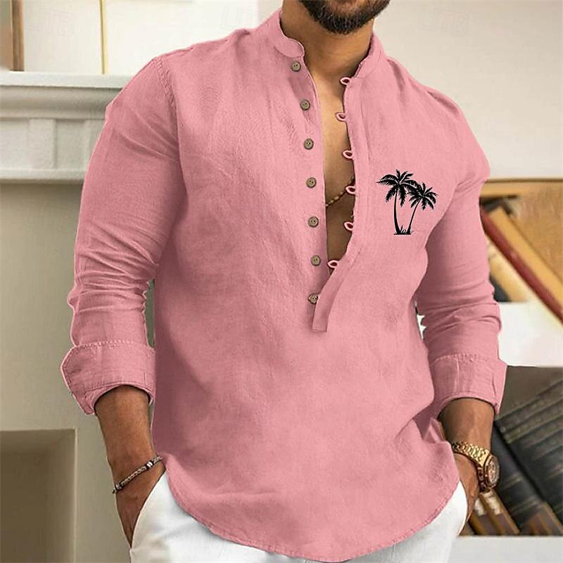 Per uomo Camicia Camicia minimalista Aloha Camicia con colletto cinese Camicia con colletto alla coreana Camicia popover Camicia Estiva Bianco Rosa Verde Grigio Manica Lunga Albero di Cocco Collo del 2025 a $25.99 –P4