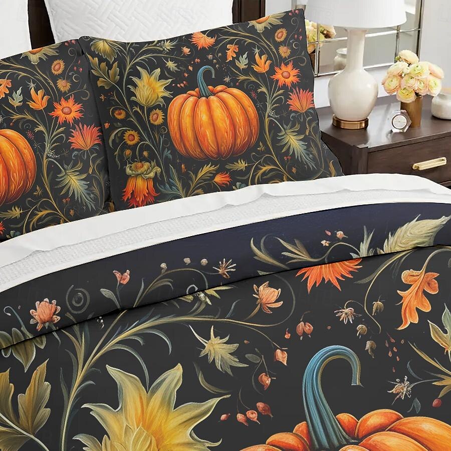 set copripiumino zucca autunnale di Halloween - include copripiumino e federe - design festoso e accogliente - tessuto morbido e confortevole - perfetto per Halloween e decorazioni autunnali per la casa del 2025 a $41.99 –P3
