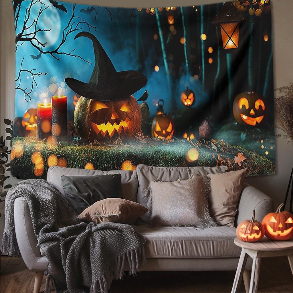 halloween dekorációk gobelin jack o lámpás tök dekor fal művészet nagy függő gobelin falfestmény dekoráció fénykép háttér takaró függöny otthon hálószoba nappali koponya csontváz denevér temető 2025 - $13.99 –P15
