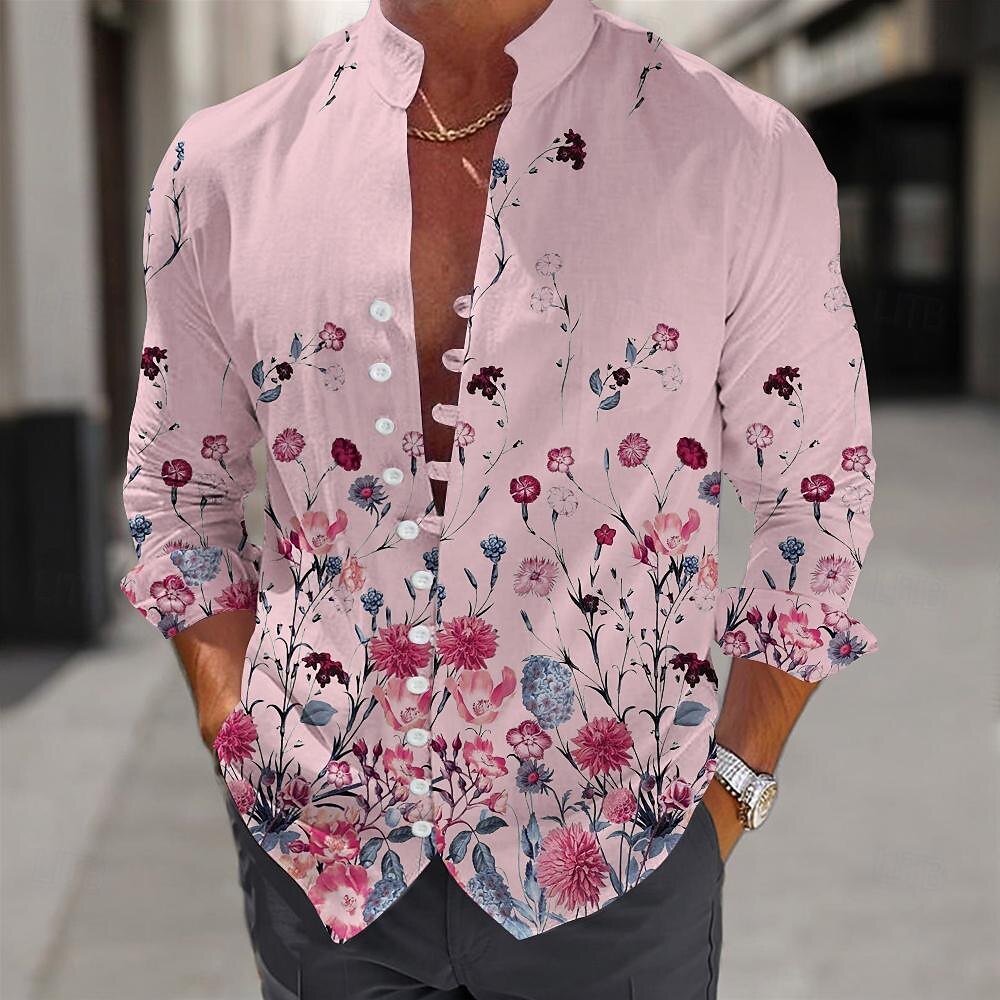 Herren Blumen Hemd Knopfhemd Langarm Lässig Strand Täglich Strandbekleidung Sommer Frühling Herbst Mandarinkragen Stehkragen Knopf hoch 3D-Druck Rosa Blau Beige 2025 - $26.99 –P5