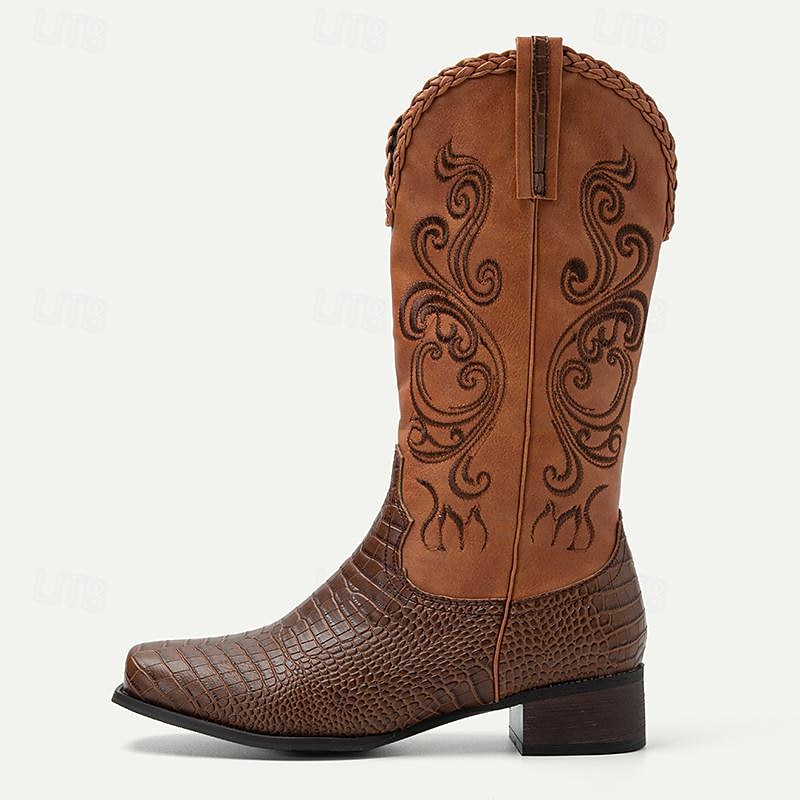 Men's Brown Western Cowboy Boots with Embroidered Design and Faux Crocodile Pattern - Stylish and Durable 2025 - $79.99 –P2