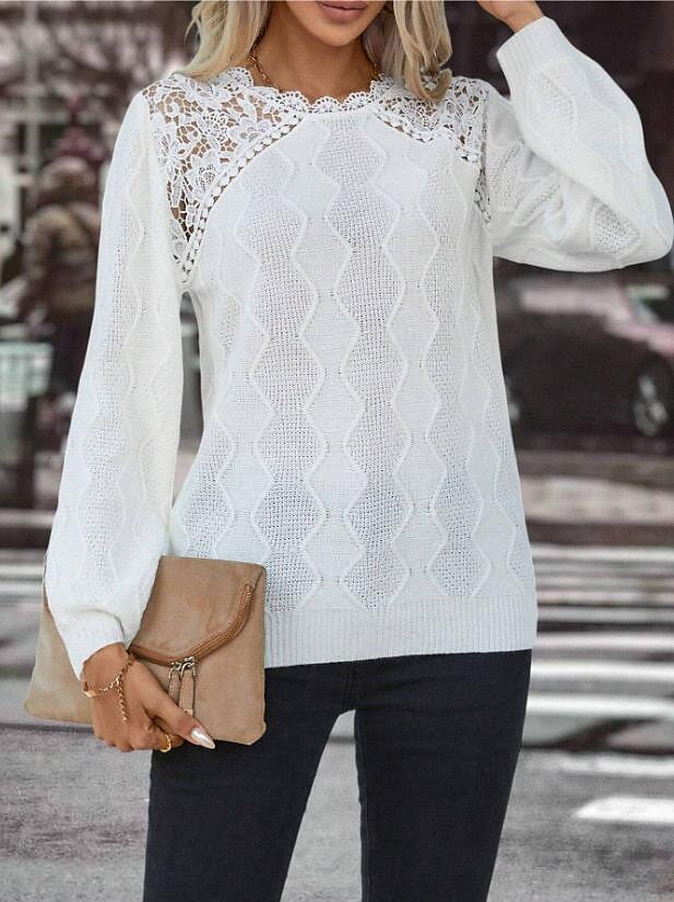 Women's Sweater Elegant Solid Color Waffle Crew Neck Lace Long Sleeve Regular Tops Knit Daily White Spring Fall 2025 - $54.99 –P3