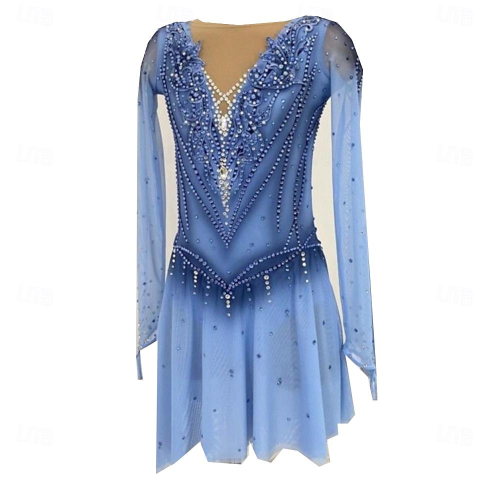 Rochie de Patinaj Artistic Pentru femei Πατινάζ στο πάγο Fuste Rochii Albastru Mâneci cu Gaura Deschide Înapoi Spandex Înaltă Elasticitate Profesional Competiție Ținută Patinaj Termic cald Clasic 2025 - $208.89 –P1