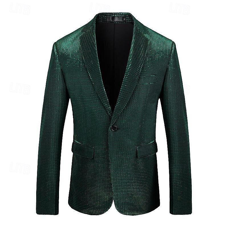 Herre Blazer Formell kveld Fritid / hverdag Søt Alle årstider 65%Cotton 35%Polyester Ensfarget / vanlig farge Paljetter Fritid Bryllup Enkeltkneppet Blazer Sølv Svart Rød Blå 2025 - $83.99 –P9