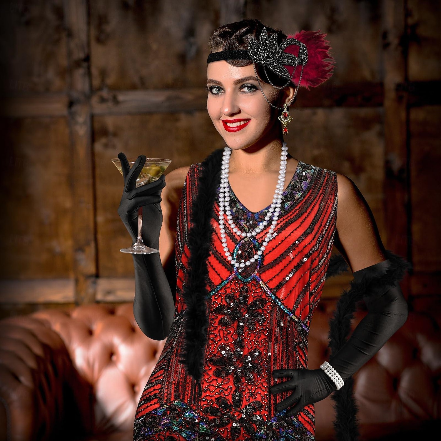 Set Anni Ruggenti Anni 1920 Lunghezza al ginocchio Vestito Abito Flapper Abiti con accessori Senza maniche Il grande Gatsby Charleston Invitato al matrimonio Paillettes Frangia con nappe Piuma Scollo del 2026 a $77.99 –P9