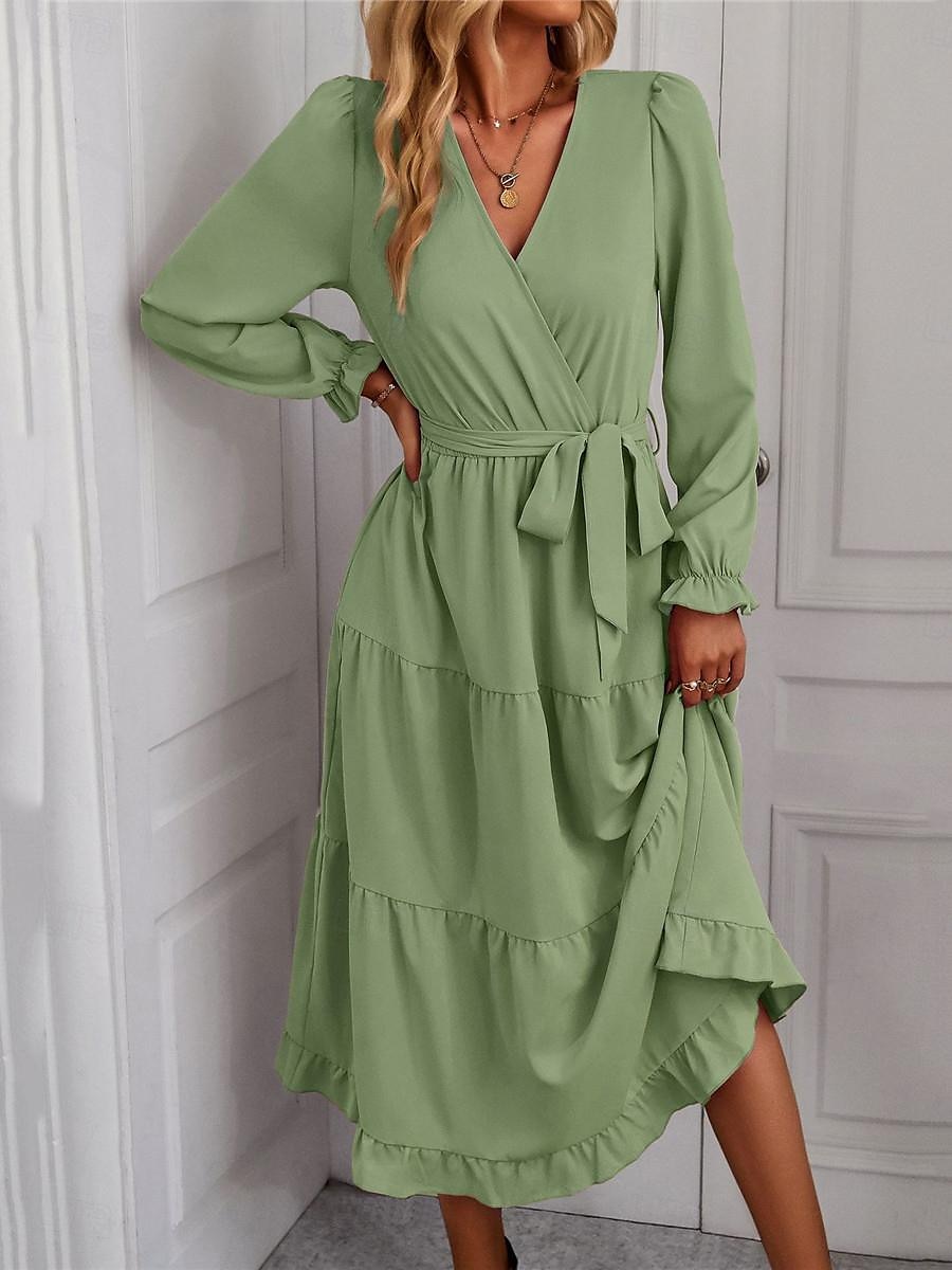 Damen Casual kleid Maxidress mit Schnürung Rüsche Verabredung Urlaub Elegant Strassenmode V Ausschnitt Langarm Schwarz Rosa Dunkelgrün Farbe 2025 - $39.99 –P3