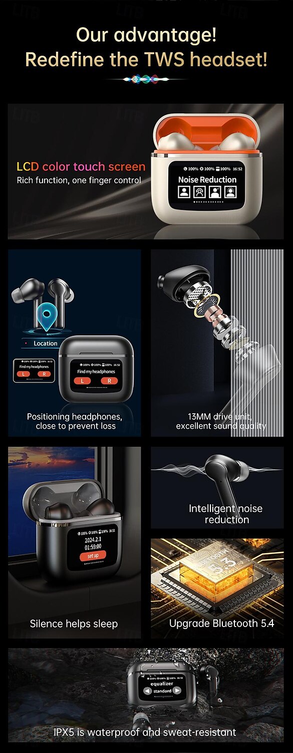 2025年 タッチスクリーンスマートスクリーンANCアクティブノイズキャンセリングワイヤレスヘッドフォン、大容量バッテリーインイヤースポーツゲームBluetoothイヤフォン  コレクション – $31.99 –P2