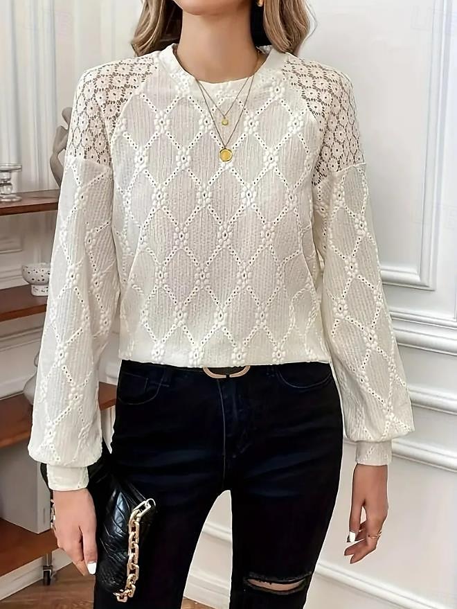 Damen Bluse Elegant Spitze Öse Langarm Rundhals Alltag Beige Sommer 2025 - $29.99 –P5