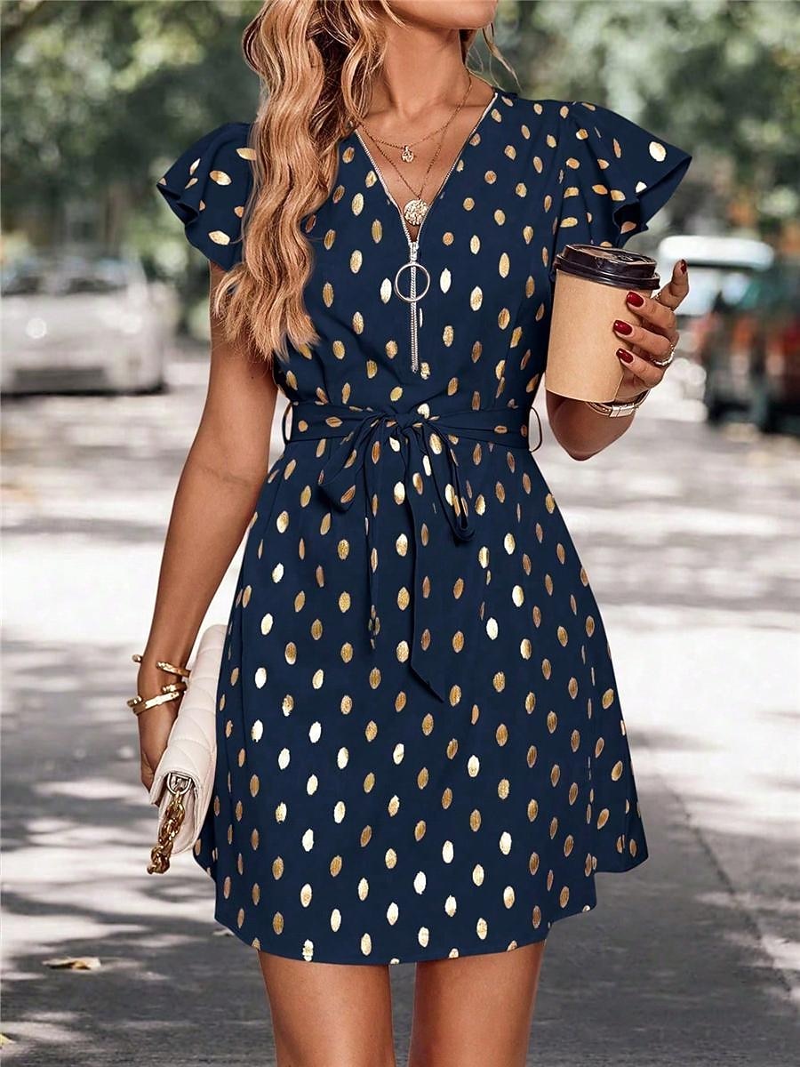 robe décontractée pour femme à pois, fermeture éclair, imprimé, col en V, mini robe élégante, décontractée, rendez-vous quotidien, manches courtes, été de 2025 ? $41.99 –P9