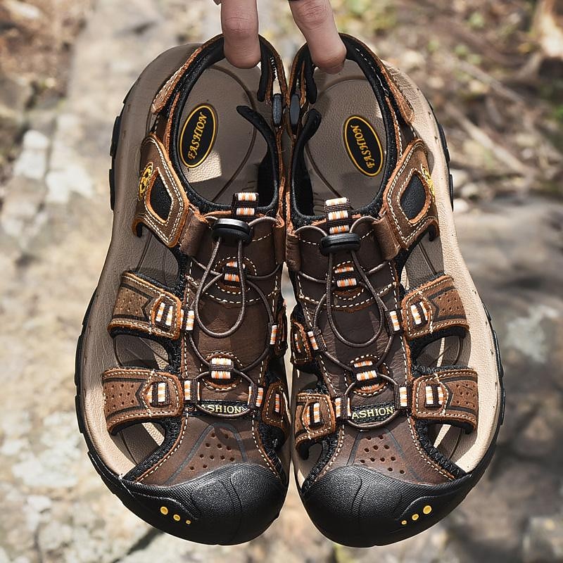 Bruin leren outdoorsandalen voor heren met verstelbare bandjes – duurzame en comfortabele wandelsandalen 2025 - $46.99 –P1