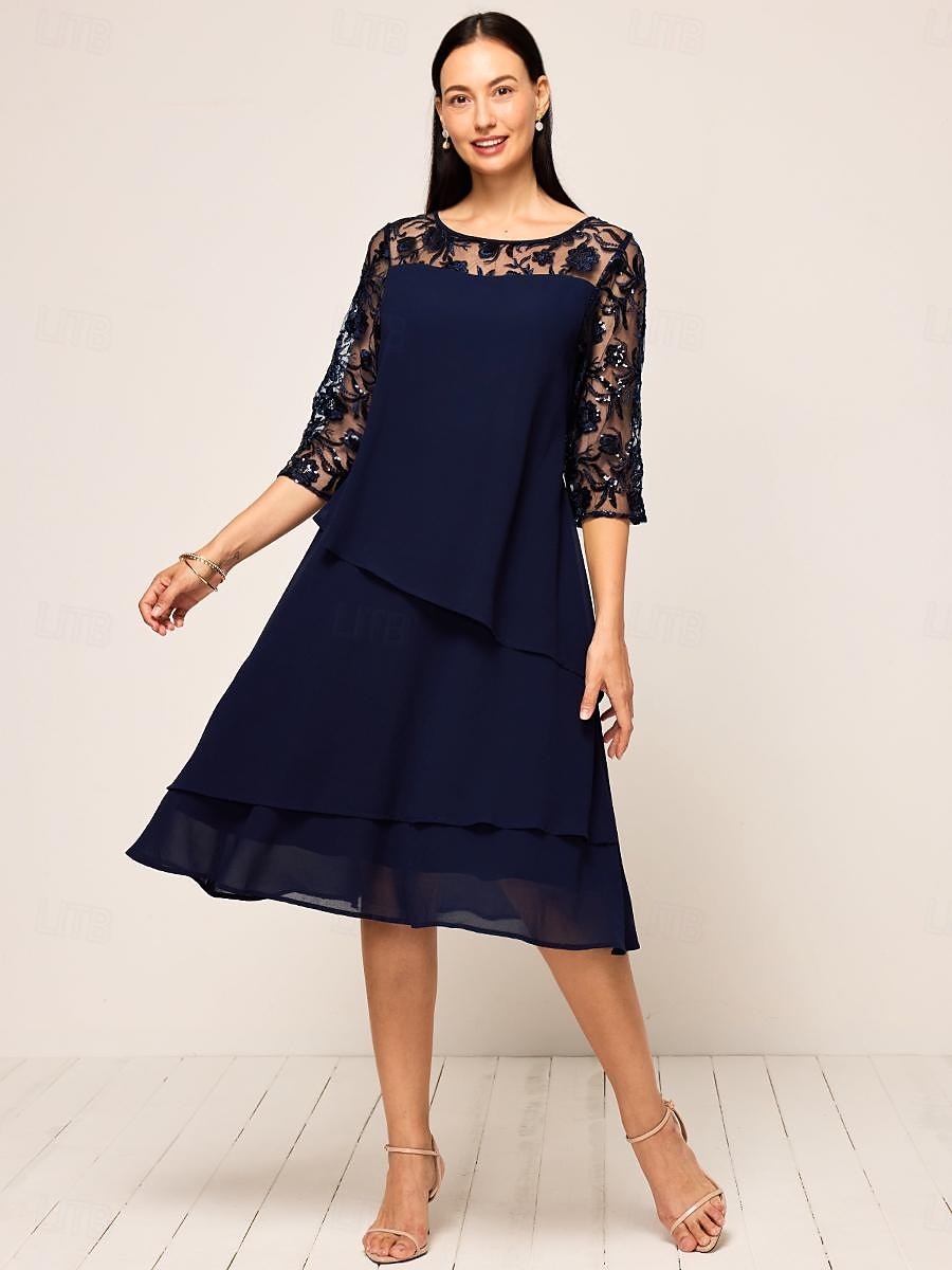 Damen Dunkelmarine Sommer Frühling Midikleid A Linie Kleid Elegant Hochzeitsgast Cocktailparty Lässiger Schnitt Einfach Rundhalsausschnitt 2025 - $69.99 –P2