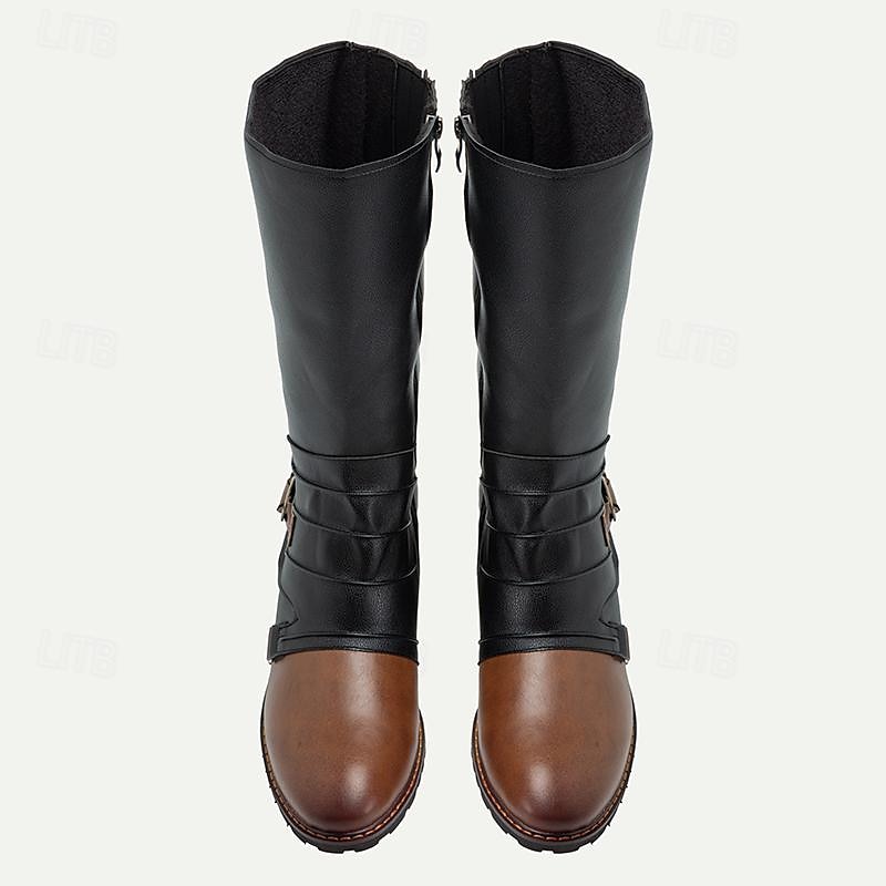 Men's Vintage Black and Brown Leather Riding Boots - Retro Knee-High Boots with Buckle Detail for Casual and Outdoor Wear 2025 - $69.99 –P6