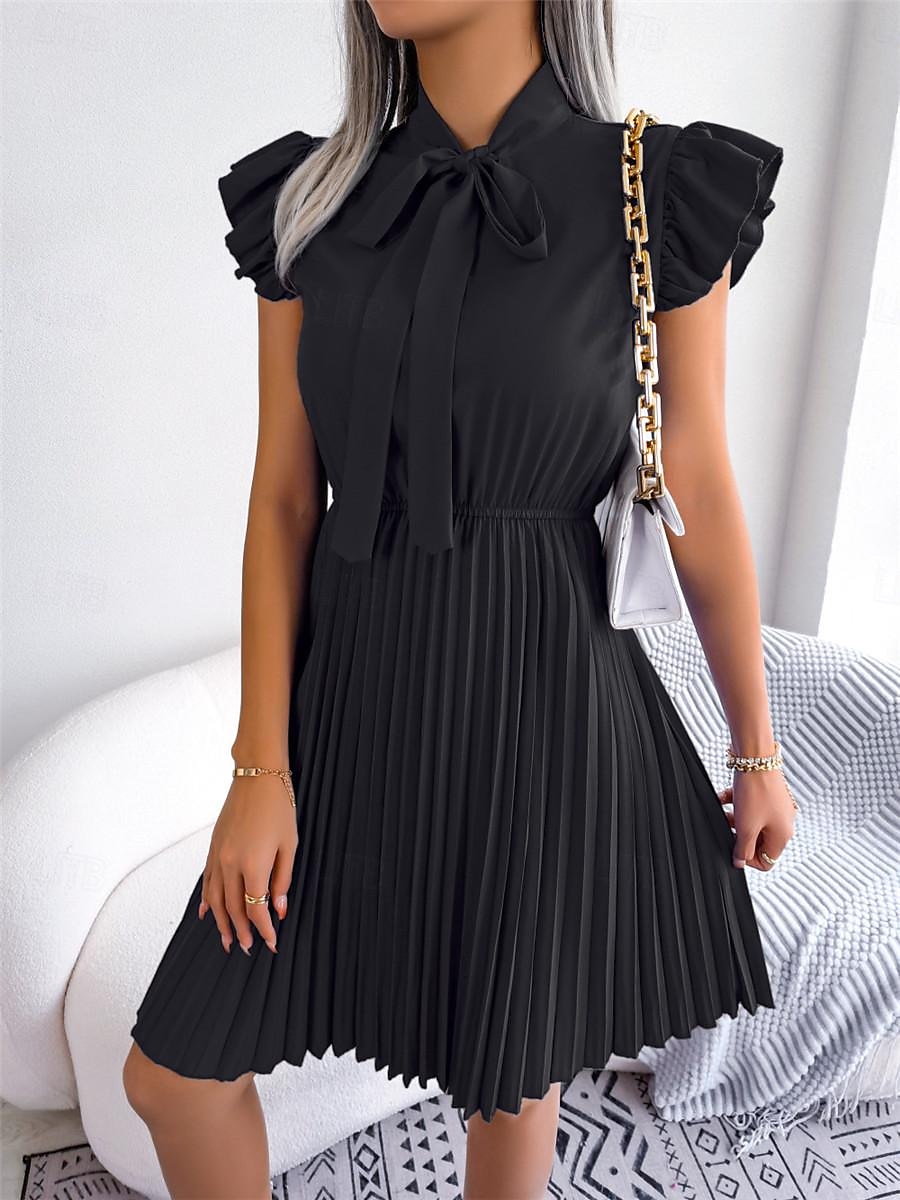 Dames Zwarte jurk Mini-jurk Chiffon Veters Ruche Afspraakje Vakantie Streetwear Basic Opstaand Mouwloos Zwart Wijn Paars Kleur 2025 - $26.99 -P4