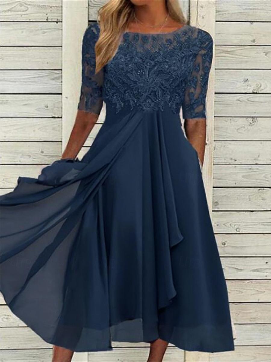 Damskie Koronkowa sukienka Sukienka midi Szyfon Niejednolita całość Kieszeń Ślub Impreza Elegancja Formalny Półgolf Rękaw 1/2 Niebieski Fioletowy Zielony Kolor 2025 - $44.99 -P1