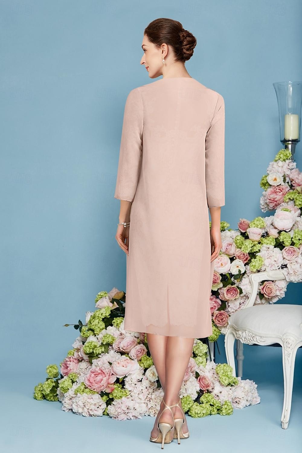 Beach Wedding Two Piece Sheath Mother of the Bride Dress Elegant Jewel Neck Knee Length Chiffon Lace 3/4 Length Sleeve Wrap Included Jacket Dresses with Beading Appliques free custom size 2025 - $162.99 –P2