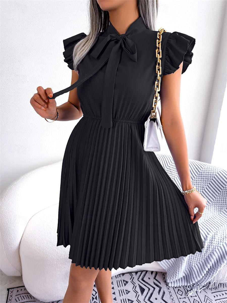 Dames Zwarte jurk Mini-jurk Chiffon Veters Ruche Afspraakje Vakantie Streetwear Basic Opstaand Mouwloos Zwart Wijn Paars Kleur 2025 - $26.99 -P3