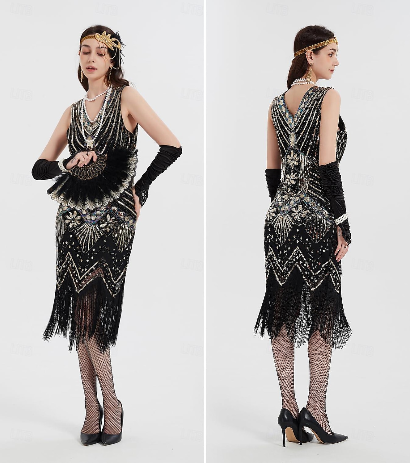 Goldene Zwanziger 1920er Knielang Flapper Kleid Outfits Zubehörset Ärmellos Der große Gatsby Flapper-Mädchen Hochzeitsgast Pailletten Quastenfransen V Ausschnitt Kostüm Damen Club Abendgesellschaft 2026 - $60.99 –P4