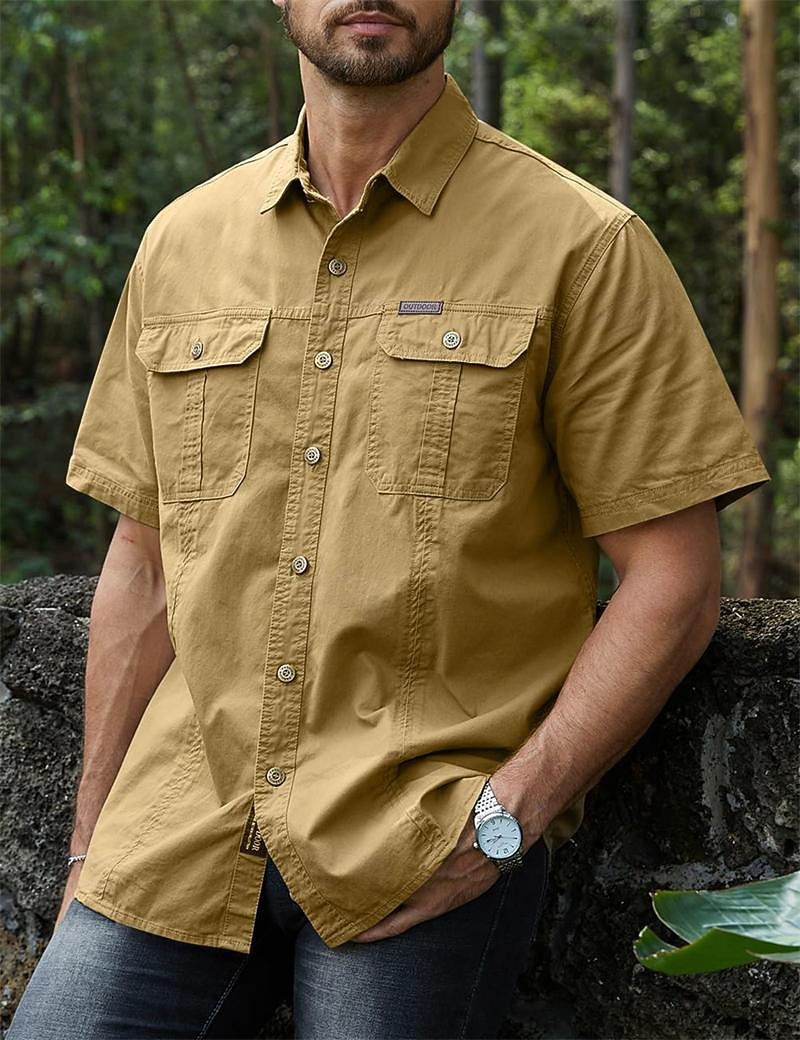 Herren Hemd Knopfhemd Lässiges Hemd Cargo-Shirt Schwarz Marineblau Königliches Blau Orange Grün Kurze Ärmel Glatt Umlegekragen Urlaub Ausgehen Button-Down Bekleidung Stilvoll Moderne zeitgenössische 2026 - $26.99 –P1