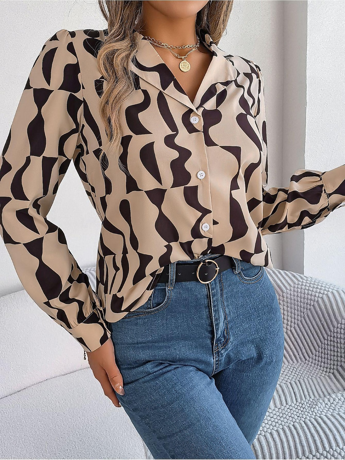 Dame Skjorte Bluse Fargeblokk Stilfull Moderne Langermet Skjortekrage Arbeid Knapper Svart Brun Kakifarget Vår Høst 2025 - $29.99 –P1