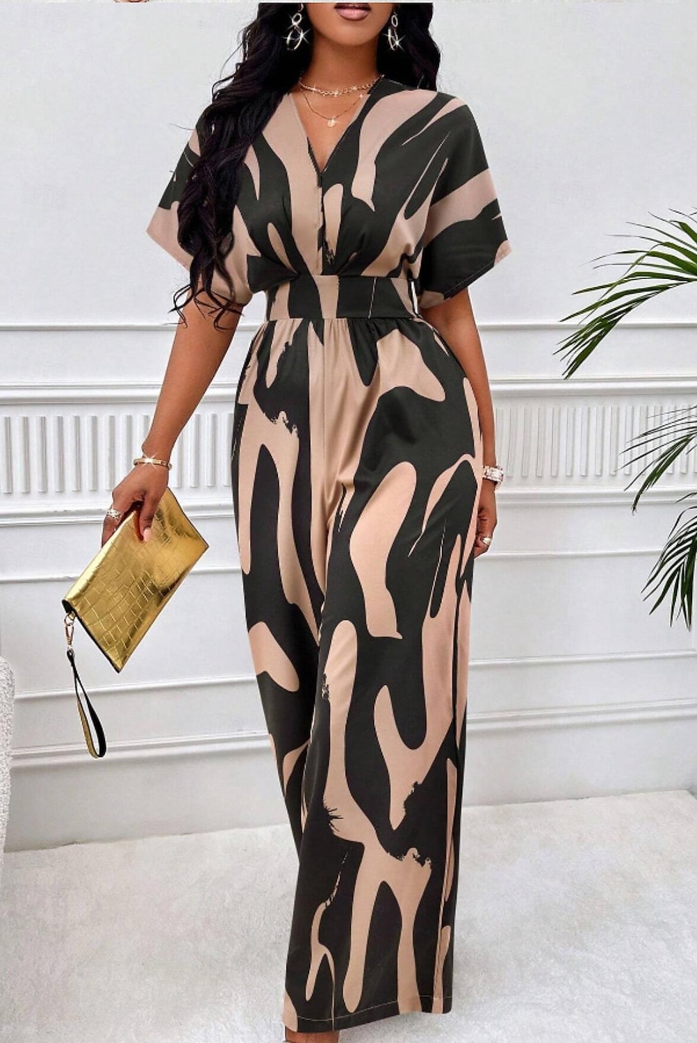 Per donna Normale Tuta Elegante Color Block Manica corta A farfalla A V Stampa Ufficio Giornaliero Standard Bianco Arancione Marrone Estate del 2025 a $31.99 –P2
