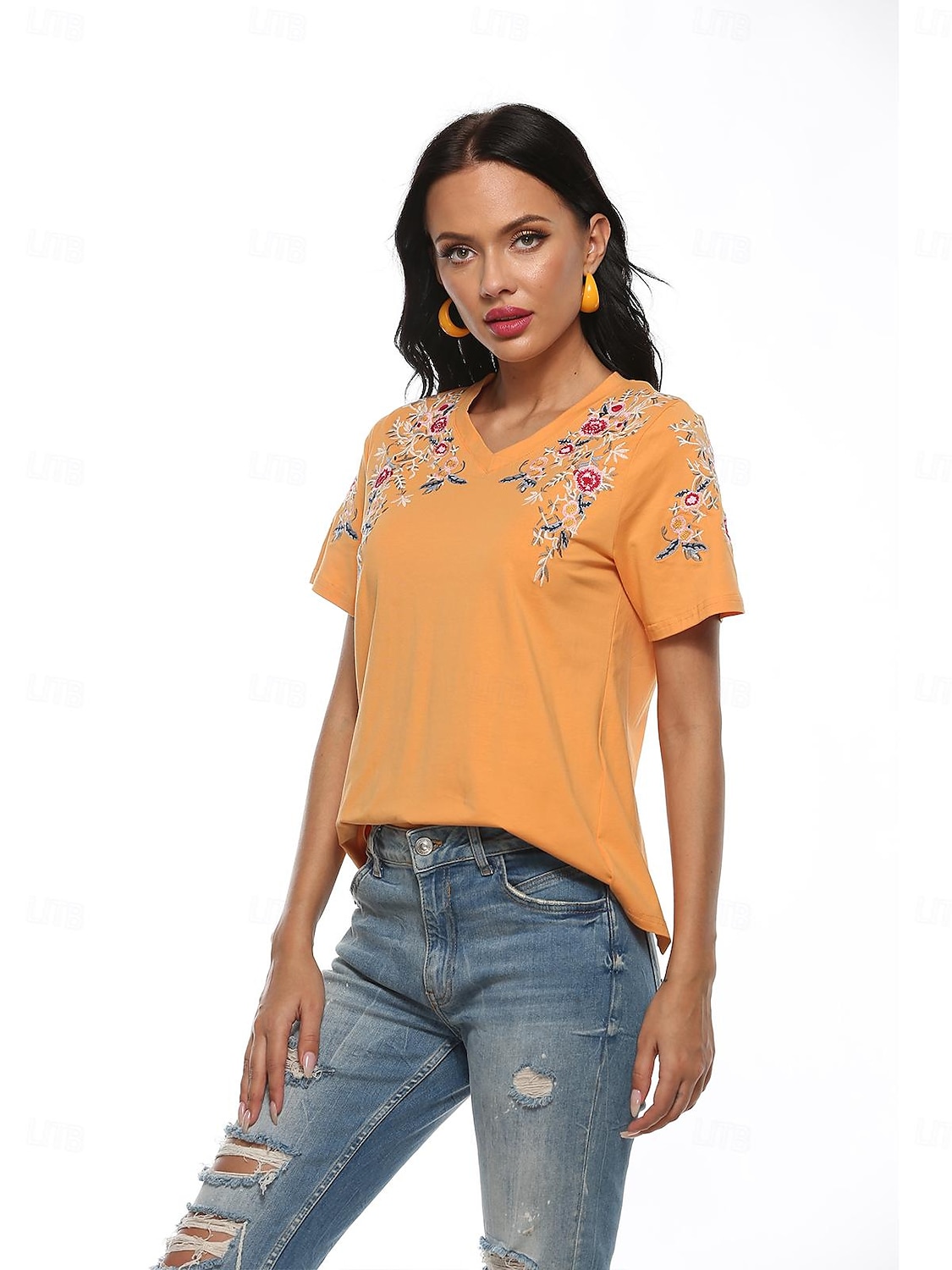 Thanksgiving Day Dame Boho T-skjorte Blomstret Bohem Fritid Kortermet Lanterne Erme V-hals Lange topper Daglig Ut på byen Helg Gul Oransje Vår 2025 - $18.99 –P11