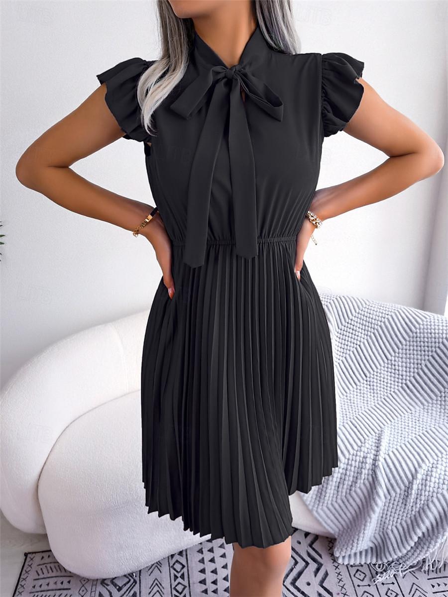 Dames Zwarte jurk Mini-jurk Chiffon Veters Ruche Afspraakje Vakantie Streetwear Basic Opstaand Mouwloos Zwart Wijn Paars Kleur 2025 - $26.99 -P5