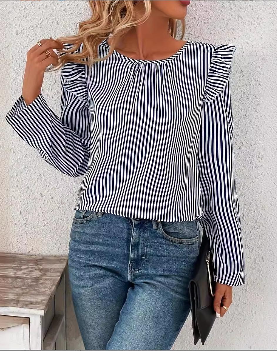 Women's Tunic Striped Stylish Long Sleeve Crew Neck Work Daily Ruffle Asymmetric Hem Blue Spring Fall 2025 - $29.99 –P3