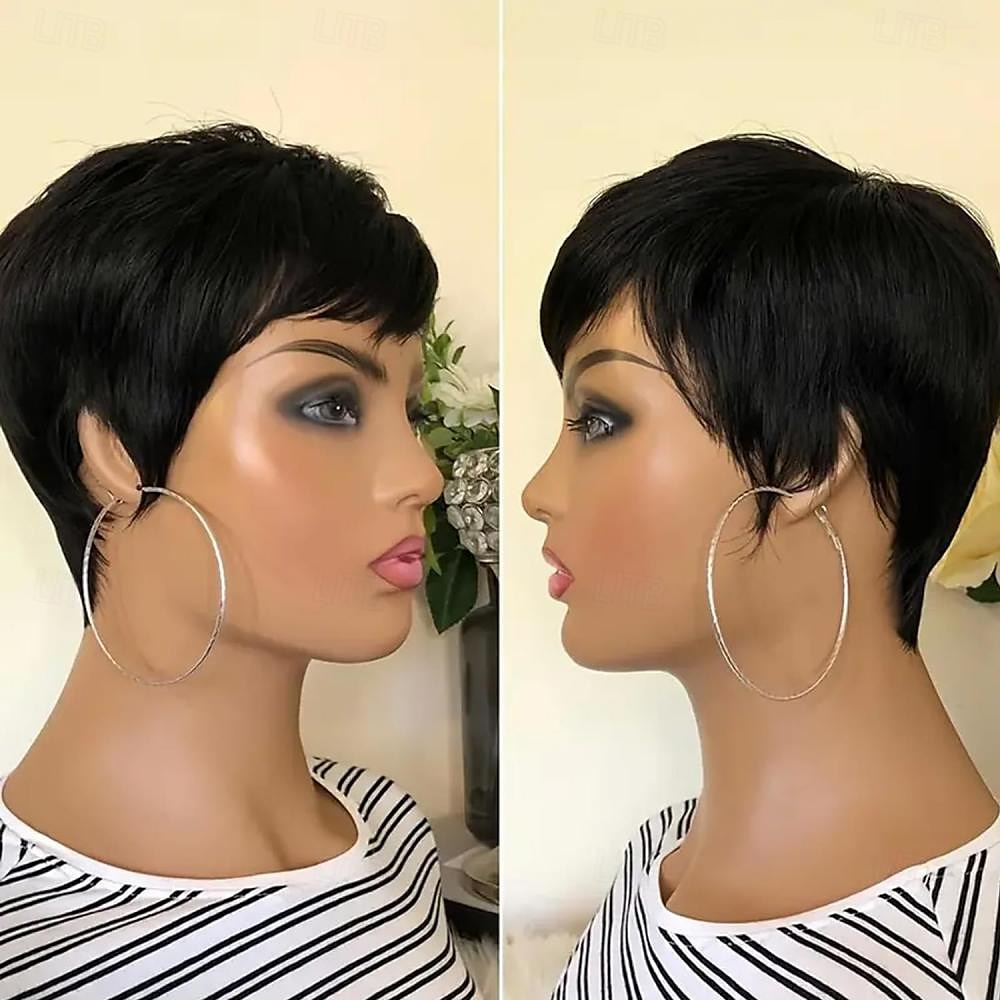 Pixie Cut Wig Human Hair Wigs For Black Women Short Human Hair Wigs with Bangs Pixie Cut Short Straight Black Wigs Full Machine Made Glueless Wigs 2025 - $44.99 –P4